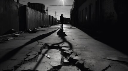 Streets in the old town with shadows in the sun, retro style, black and white