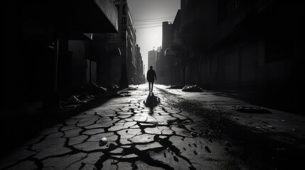 Streets in the old town with shadows in the sun, retro style, black and white