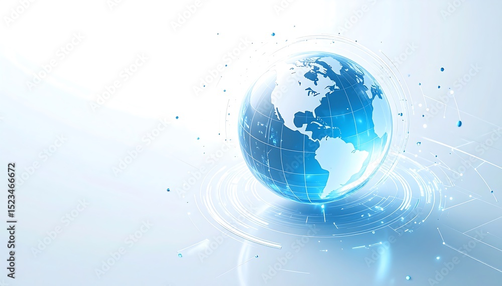 Poster abstract blue globe with digital network elements, symbolizing global communication and technology.