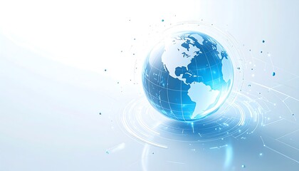 Abstract blue globe with digital network elements, symbolizing global communication and technology.