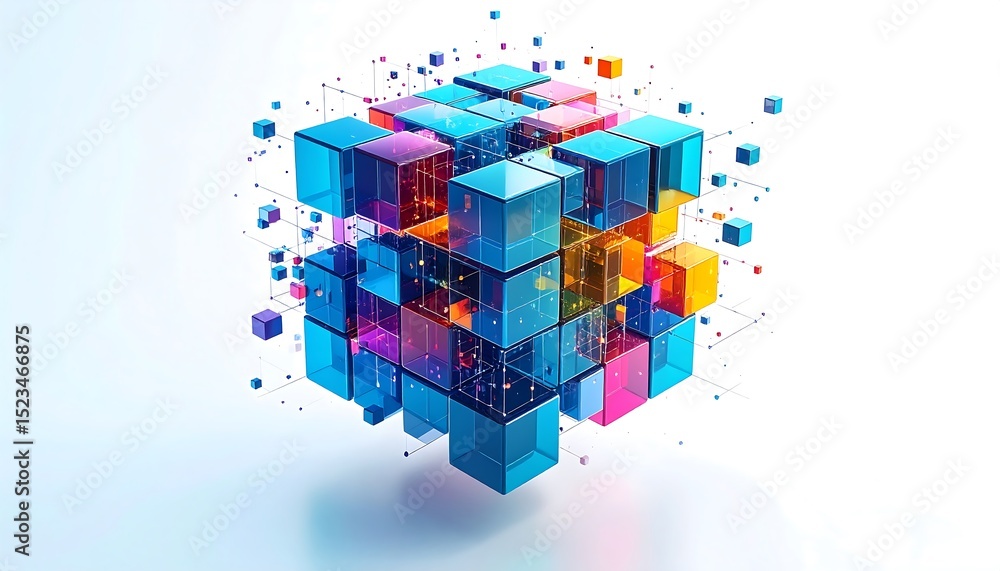 Poster abstract translucent cubes connected by lines, forming a vibrant data structure on a white backgroun