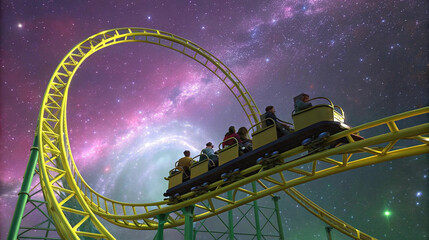 Roller coaster flying through cosmic galaxy, surreal amusement park concept, thrill ride in outer space, fantasy theme ride, intergalactic adventure, imaginative ride concept