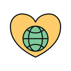 Flat charity icon showing globe, heart, and hands – symbolizing love, global aid, unity, and support.


