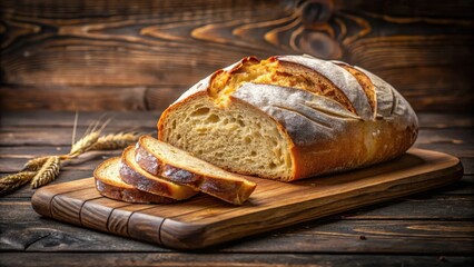 Freshly baked crusty loaf of golden brown artisan bread sliced and ready to serve on a rustic wooden cutting board, kitchen essentials, freshly baked