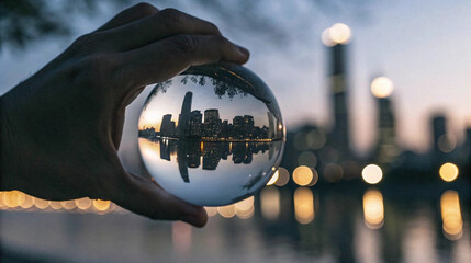 City skyline reflected in handheld crystal ball at twilight, urban landscape through lensball, creative cityscape photography, reflection symmetry, magical perspective
