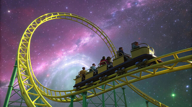 Roller coaster flying through cosmic galaxy, surreal amusement park concept, thrill ride in outer space, fantasy theme ride, intergalactic adventure, imaginative ride concept