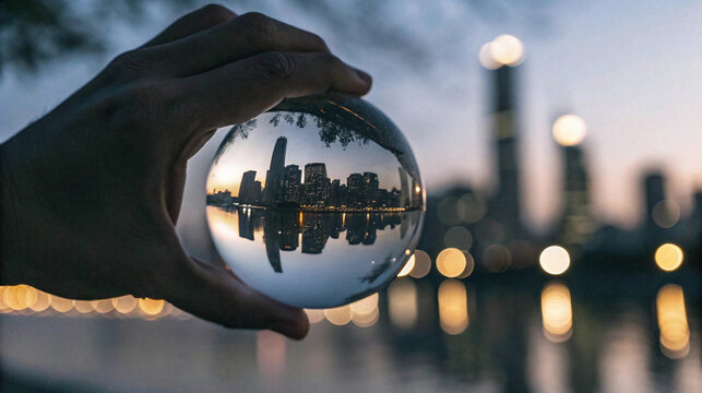 City skyline reflected in handheld crystal ball at twilight, urban landscape through lensball, creative cityscape photography, reflection symmetry, magical perspective