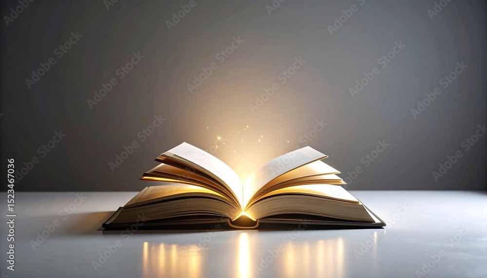 Poster an open book glows with golden light and sparkles on a reflective surface, symbolizing knowledge and