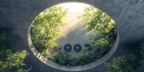 Green Garden Enclosed by Concrete Circle with Sunlight