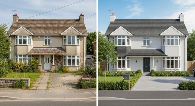 Comparison of house before and after renovation showing improved exterior and landscaping
