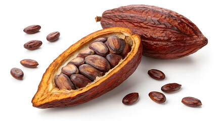 Open cocoa pod with seeds isolated on white, chocolate production ingredient, raw cacao bean close-up, tropical agriculture and food industry concept