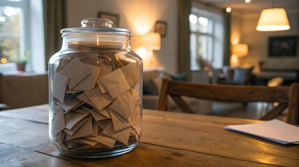 Glass jar filled with folded paper notes on wooden table, suitable for memory jar concepts, gratitude challenges, mindfulness ideas, cozy home interior themes