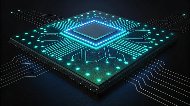 Futuristic glowing microchip with digital circuits, perfect for tech innovation, computing hardware, artificial intelligence visuals, high-tech backgrounds
