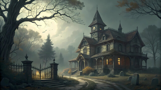 Spooky haunted house with eerie lighting and full moon, great for Halloween posters, horror stories, ghost tour promotions, dark fantasy book covers
