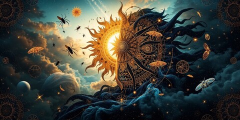 Sun Moon Insect Boho Mystical Wallpaper Design