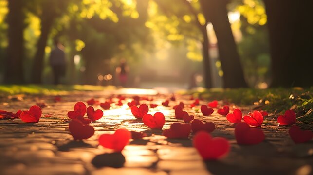 A romantic walk in a park with heart shaped leaves scattered on the ground and sunlight filtering through trees