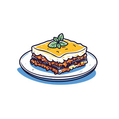 Lasagna dish with basil leaf on plate