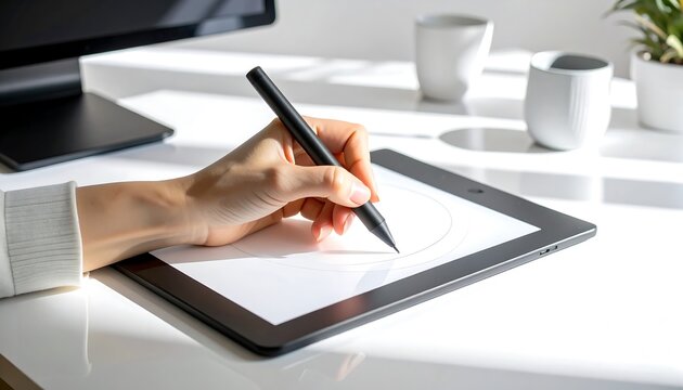 Hand uses a stylus to write on a digital tablet on a bright desk with monitor and plants, showing digital creativity or work. - Powered by Adobe
