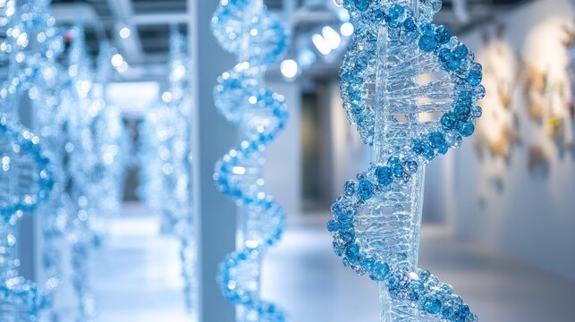 Delicate, light-blue dna spirals in a gallery setting.