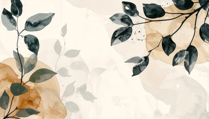 Calm Zen garden background in abstract ink-wash style, minimal floral shapes and flowing branches, natural tones of beige, sage, and charcoal"