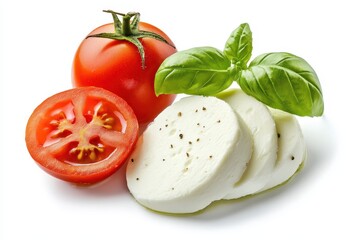 Slices of fresh mozzarella cheese with tomatoes and basil leaves, isolated on white background