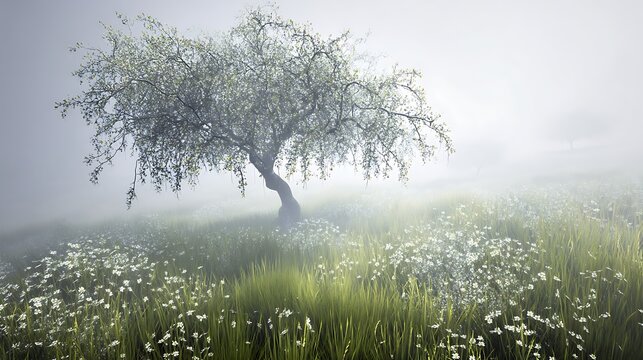Solitary tree in misty floral field - Powered by Adobe