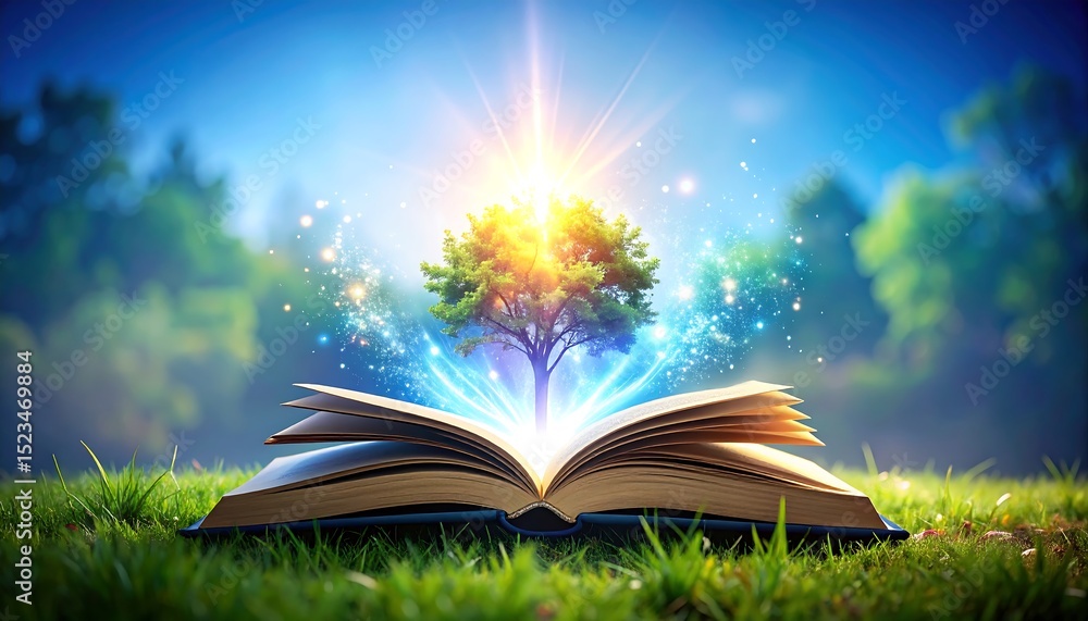 Poster tree of knowledge glowing from an open book on grass with magical light and sparkles in nature.