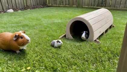 Three guinea pigs exploring in a grassy backyard, one in tunnel