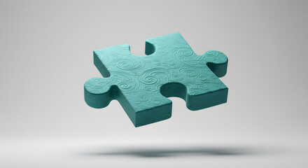 A textured, teal-colored puzzle piece with a rough, worn surface, against a light background. Represents uniqueness, individuality, and a piece of a larger whole. 