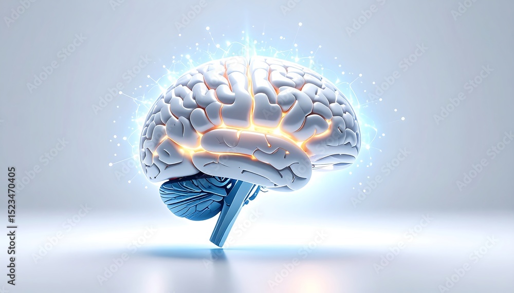 Poster 3d rendered human brain glowing and connected by neural networks on a light background, symbolizing 