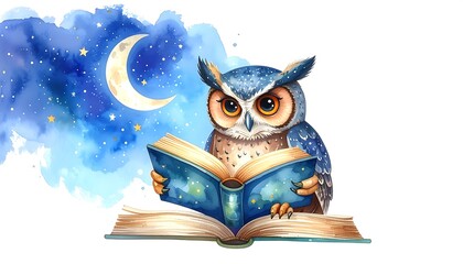A cartoon owl reads an open book with a starry night sky and moon background.