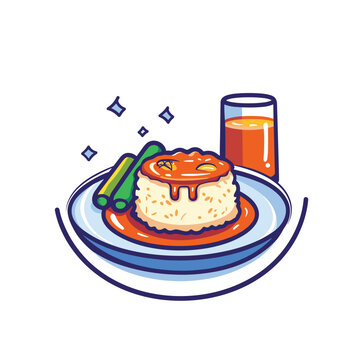 cartoon rice meal with orange sauce and drink clip art preview