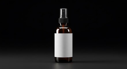 Naklejka premium Amber glass spray bottle with blank label on black background.