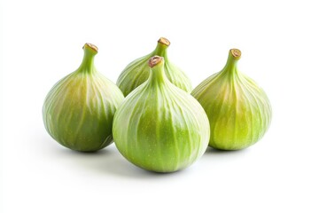 Obraz premium Four ripe green figs, isolated on white background, showcasing their smooth skin and vibrant color