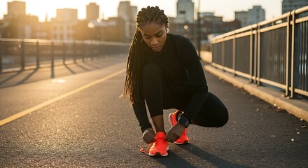 Woman tying her running shoes on a city street.