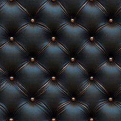 Seamless, sleek black leather capitone upholstery with deep button tufting and gleaming gold buttons, creating a refined and sophisticated texture perfect for luxurious backgrounds and modern design