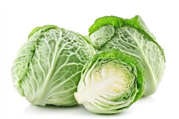 Three heads of fresh green cabbage, one cut in half, isolated on white background