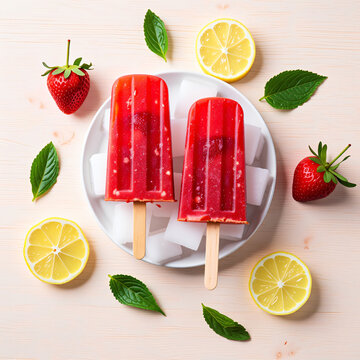 Fr&ouml;hliche und farbenfrohe Sommer-Food-Fotografie mit selbstgemachten Erdbeer-Eispops, serviert mit bunten Servietten, Kindergeschirr und frischen Beeren. Ideal f&uuml;r Produkte oder Werbung f&uuml;r Kinder