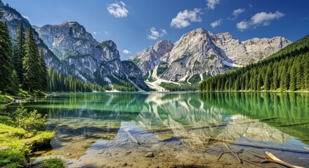 Tranquil alpine lake reflecting majestic mountain range and evergreen forest scenery