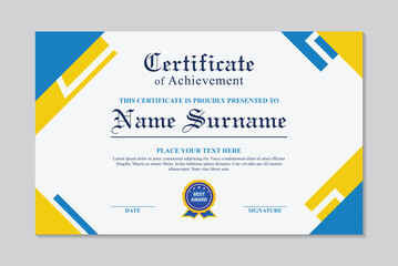Abstract blue and yellow achievement certificate template, vector abstract modern blue and yellow certificate template