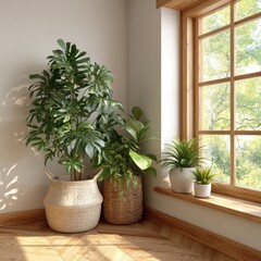 Fototapeta premium Bright Room Corner with Lush Green Houseplants in Wicker Baskets near Sunny Window