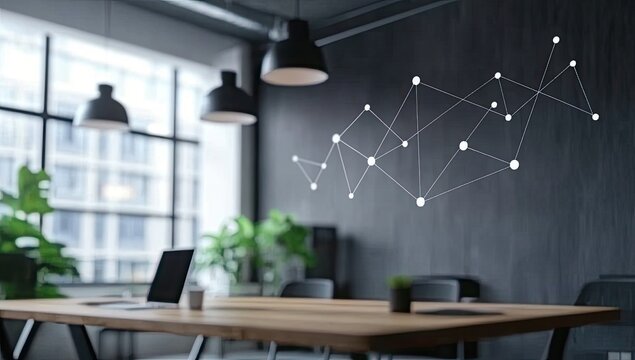 Modern office room with table, chairs, laptop, wall art, plants, & overhead lamps