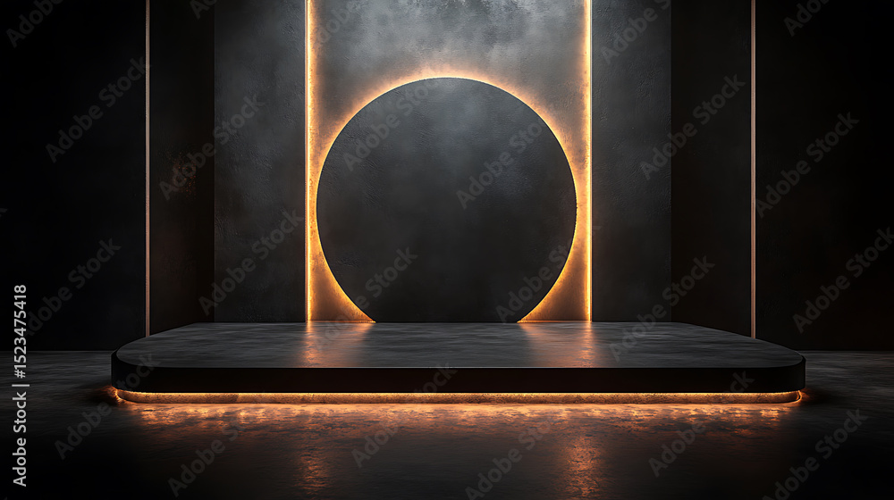 Poster dark podium with glowing circle and rectangular lights creates a modern presentation space