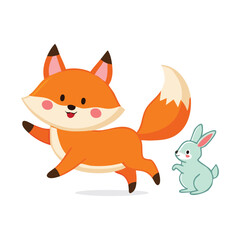 Obraz premium Cute fox and rabbit cartoon characters on white background