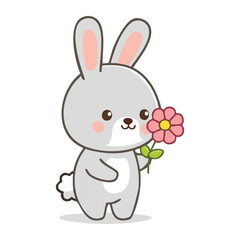 Fototapeta premium A cute bunny holding a beautiful pink flower