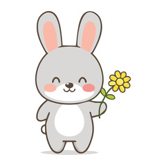 Obraz premium A cute cartoon bunny happily holding a daisy, symbolizing joy and innocence. The bunny is smiling, making it look friendly and adorable.