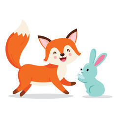 Obraz premium Cute illustration of a fox and a rabbit interacting playfully
