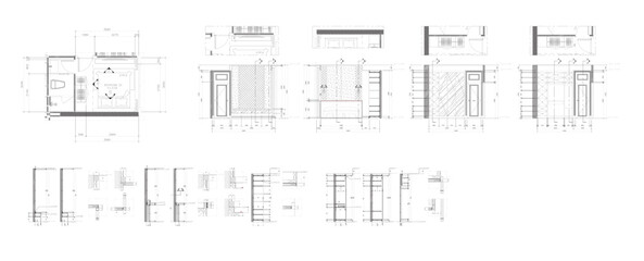 Interior design, built-in bedroom and bathroom, 2d drawing condo, vector format