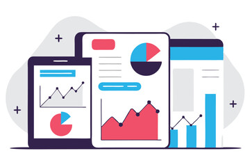 Mobile Devices Displaying Business Data, Analytical Charts, Including Line, Pie, and Bar Graphs
