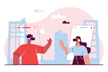 People Experiencing Virtual Reality with Headsets and Abstract Background Landscape of Building Illustrations